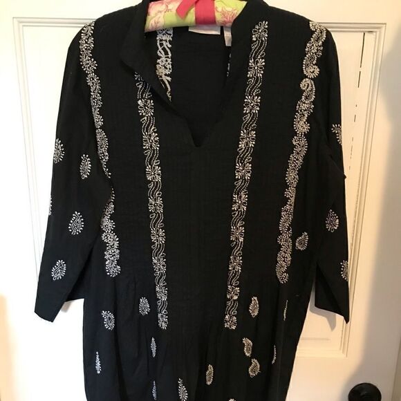 SOFT SURROUNDINGS Black ivory Paisley Embroidered Tunic Boho Top - Picture 1 of 5